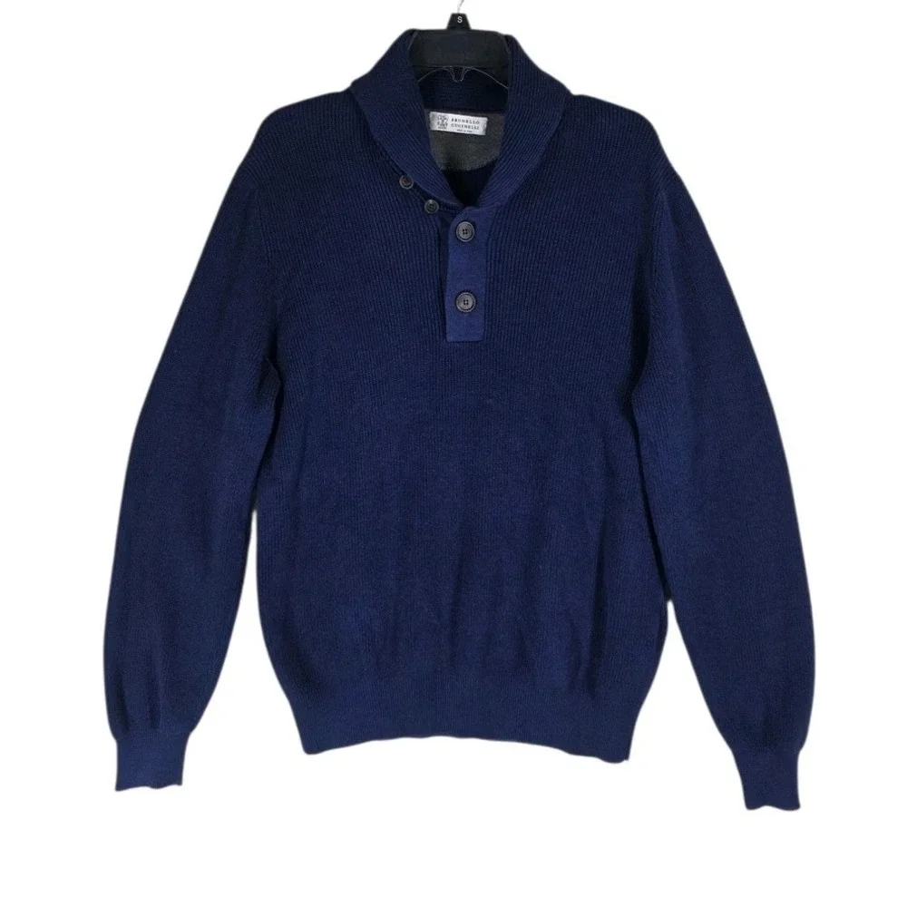Brunello Cucinelli Ribbed Shawl Collar Knit Sweater Mens 54 US 44 XL Navy Blue